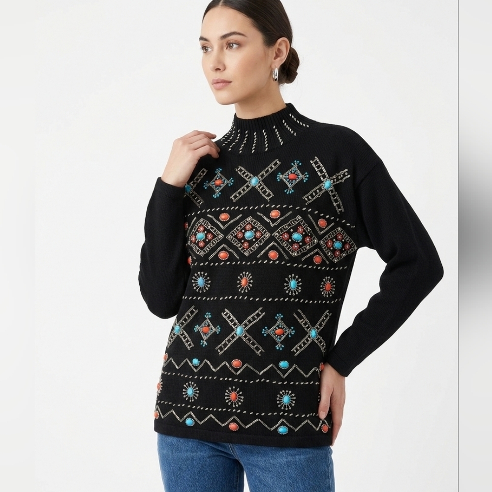 Vintage Studio Collection Aztec Beaded Mock Neck Sweater Size Medium